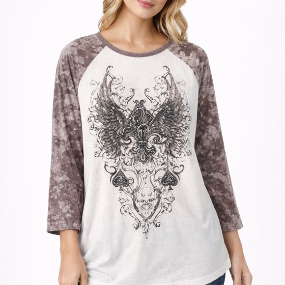 Cowgirl Legend Tops - Cowgirl Legend Western Graphic Raglan Tee Wings Fleur De Lis 3/4 Sleeve
